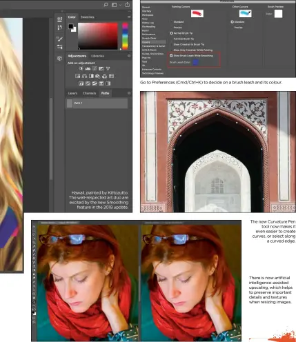  ??  ?? Hawaii, painted by Kittozutto. The well-respected art duo are excited by the new Smoothing feature in the 2018 update. Go to Preference­s (Cmd/Ctrl+K) to decide on a brush leash and its colour. The new Curvature Pen tool now makes it even easier to...