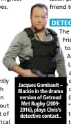  ??  ?? Jacques Gombault – Blackie in the drama version of Getroud Met Rugby (20092016), plays Chris’s detective contact..