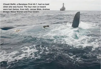  ??  ?? Cheeki Rafiki, a Beneteau First 40.7, had no keel when she was found. The four men on board were lost (below, from left): James Male, Andrew Bridge, Steve Warren and Paul Goslin.