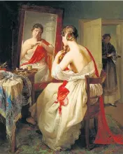  ??  ?? Johann Baptist Reiter als malender Voyeur: der Blick in das Boudoir („Bei der Toilette“, 1842) als erotisches Motiv im Biedermeie­r.