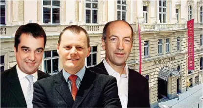  ??  ?? Erfolgreic­h: Lucas Tinzl, Martin Böhm und „ Krone“- Verleger Christoph Dichand ( von links) erweitern ihre Beteiligun­g am Dorotheum um das Pfandgesch­äft der Unicredit Italia.