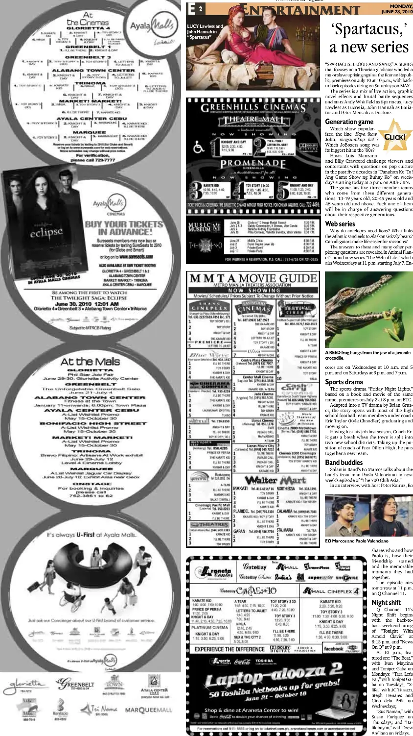  ??  ?? LUCY Lawless and John Hannah in “Spartacus” A REED frog hangs from the jaw of a juvenile crocodile. cores are on Wednesdays at 10 a.m. and 5 p.m. and on Saturdays at 3 p.m. and 7 p.m.
EO Marcos and Paolo Valenciano shares who and how Paolo is, how...