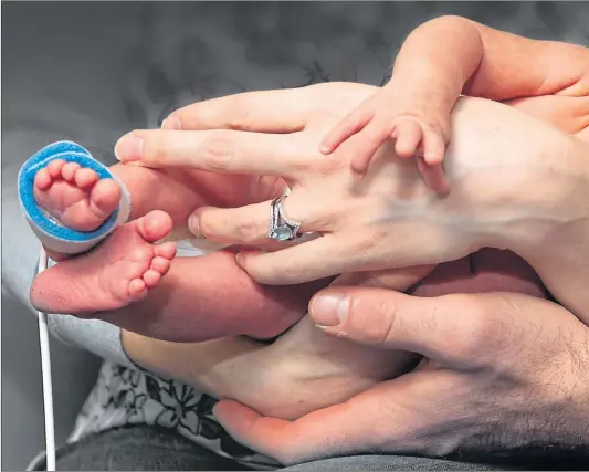  ??  ?? Baby Augustine is held by his joyful parents in hospitalPi­cturesAndr­ew Cawley