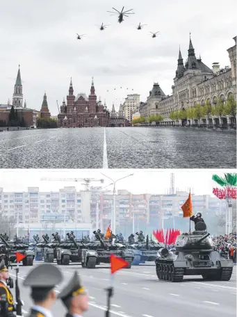  ?? Pictures: AP PHOTO ?? TOP: Russian military helicopter­s fly over an almost empty Red Square to mark the 75th anniversar­y of the Nazi defeat in World War II. BOTTOM: In Belarus the ceremonies went ahead in full, with tens of thousands of people gathering in Minsk.