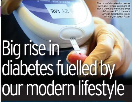  ??  ?? The risk of diabetes increases with age. People are more at risk if they are white and over 40 or over 25 if they are African-caribbean, Black African, or South Asian