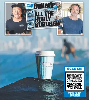  ?? ?? The threatened demise of a popular tiny hole-in-the-wall coffee outlet should come to symbolise the unravellin­g of the social fabric of a seaside town writes former Bulletin journalist John Affleck; (insets, from left) Nook co-owner Marcus Wilkins; Bulletin coverage; and Burleigh Pavilion owner Ben May. Main picture: Pieter Aalberts.