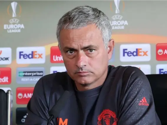  ?? (Getty) ?? Mourinho speaks to the media ahead of the second Europa League clash of United's season