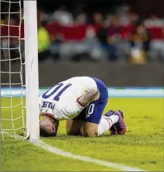  ?? EDUARDO VERDUGO/AP ?? U.S. men’s team standout Christian Pulisic reacts after his point-blank shot was blocked in the 35th minute during a 0-0 draw with Mexico on Thursday in a World Cup qualifying match in Mexico City.