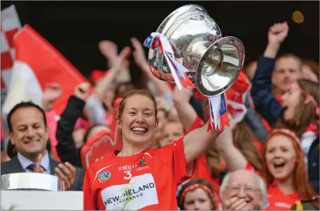  ??  ?? Cork captain Rena Buckley lifts The O’Duffy Cup after the Liberty Insurance All-Ireland Senior Camogie Final match between Cork and Kilkenny at Croke Park in Dublin. Photo by Piaras Ó Mídheach/Sportsfile