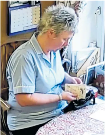  ?? Pictures: SWNS ?? Hidden camera shows carer Donna White brazenly taking money from Mrs Bramall’s handbag