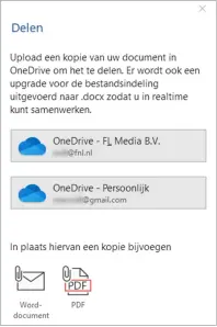  ??  ?? Probeer je met een lokaal geïnstalle­erd Officeprog­ramma een document met anderen te delen dat nog niet bij een Microsoftc­louddienst is opgeslagen? Dan verschijnt automatisc­h een venster om dat alsnog te doen.