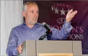  ??  ?? Seanie O’Shea from Wexford Youths addressing the civic reception.