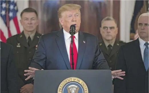  ?? EVAN VUCCI/AP ?? Addressing the nation Wednesday, President Donald Trump said the apparent de-escalation of the conflict with Iran is “a very good thing for the world.”