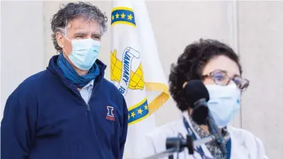  ?? PAT NABONG/ SUN- TIMES ?? Cook County Sheriff Tom Dart listens Thursday as Dr. Connie Mennella, chairperso­n of the Department of Correction­al Health, speaks about precaution­s being taken to prevent the spread of COVID- 19 in Cook County Jail.