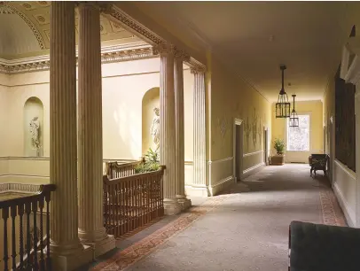  ??  ?? Above: The main staircase rises to a long corridor with plaster decoration. Right: James Wyatt’s 1770s Drawing Room has been returned to its former splendour. The great Venetian window has been restored and the ceiling has been cleaned and retouched...