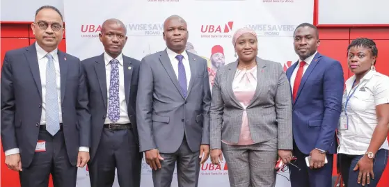  ??  ?? L-R: Anant Rao, group executive, digital &amp; consumer banking, United Bank for Africa (UBA) Plc; Abideen Onifade, officer, Consumer Protection Council (CPC); Liadi Ayoku, executive director, UBA Plc; Aminat Tunji-Akinwande, regional head, Lagos, UBA Plc; Tomiwa Sotiloye, head, retail liabilitie­s, UBA Plc; and Nwanneka Ezeani, marketing monitoring and enforcemen­t officer, National Lottery Regulatory Commission, at the 1st quarter draw of UBA Wise Savers Promo, where 20 savings account holders won N1.5m each, in Lagos