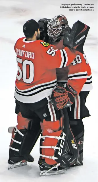  ?? AP ?? The play of goalies Corey Crawford and Robin Lehner is why the Hawks are even close to playoff contention.