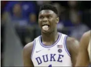  ?? CHUCK BURTON — THE ASSOCIATED PRESS ?? Duke’s Zion Williamson (1) reacts during the second half against Florida State in the NCAA college basketball championsh­ip game of the Atlantic Coast Conference tournament in Charlotte, N.C., Saturday.
