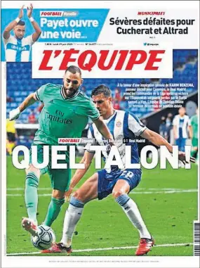  ??  ?? “¡Qué tacón!” fue el titular de L’Èquipe con la obra de arte de Benzema.