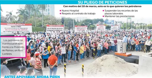  ??  ?? • Los petroleros se manifestar­on ayer frente a la Pirámide de Pemex, en Ruiz Cortines.
