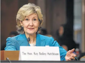  ?? Mark Wilson / Getty Images ?? Thursday’s confirmati­on hearing seemed to cement the widespread impression that former Sen. Kay Bailey Hutchison of Texas could be one of President Donald Trump’s easiest nomination­s.