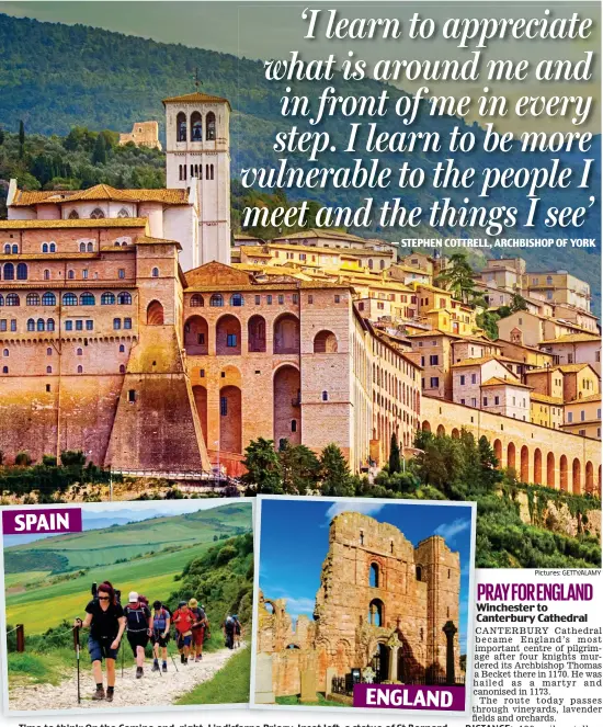  ?? Pictures: GETTY/ALAMY ?? SPAIN
ENGLAND Time to think: On the Camino and, right, Lindisfarn­e Priory. Inset left, a statue of St Bernard