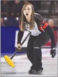  ?? The Canadian Press ?? Ontario skip Rachel Homan yells to her sweepers during Sunday’s final against Manitoba in St. Catharines, Ont.