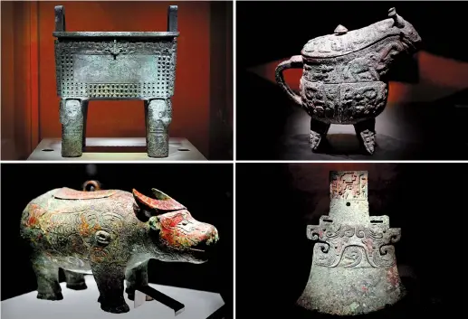  ?? ?? The combo photo shows some of the bronze wares at the new building of Yinxu Museum in Anyang. — Photos by Xinhua