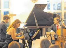  ?? FOTO: HELMUT VOITH ?? Harmonisch­es Zusammensp­iel von Florian Uhlig, Céline Moinet und Benedict Kloeckner (von links) beim Kammerkonz­ert auf Schloss Achberg.