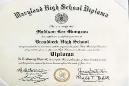  ?? COURTESY ?? Broadneck High School’s class of 2023 brought home a diploma Tuesday night that misspelled the school’s name. Instead of the diploma reading “Broadneck High School,” it said “Broadbeck High School.”