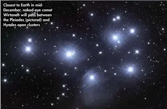  ??  ?? Closest to Earth in midDecembe­r, naked-eye comet Wirtanen will pass between the Pleiades (pictured) and Hyades open clusters