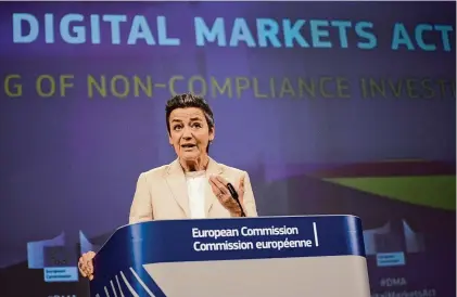  ?? Virginia Mayo/Associated Press ?? European Commission­er for Europe fit for the Digital Age Margrethe Vestager at the EU headquarte­rs in Brussels, on March 25. The European Commission, the European Union’s executive branch, said on Monday, that Booking.com has been added to the EU’s list of companies now under heightened digital scrutiny.