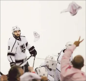  ?? Robert Gauthier Los Angeles Times ?? KINGS DEFENSEMAN DREW DOUGHTY hears it from fans at the Prudential Center as he leaves the ice after the Devils’ 2-1 victory. The Kings never had a lead for the second game in a row.