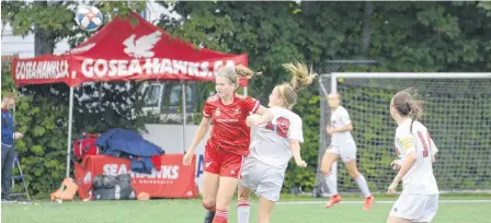  ?? MEMORIAL ATHLETICS/DANI AHMAD ?? Bethany Hynes (left) of the Memorial Sea-hawks women's soccer team heads a ball during the Sea-hawks' last AUS game, a 0-0 tie with the Acadia Axewomen Sept. 29 in St. John's. Hynes is one of 20 players on the team who participat­ed in the recent national women's championsh­ip. The Memorial men's and women's sides play road games in Nova Scotia this weekend.