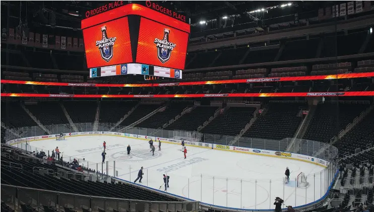  ?? — POSTMEDIA NEWS ?? The Edmonton Oilers practised at Rogers Place on Tuesday, one day before the place will be packed to the rafters for the first playoff game against San Jose.