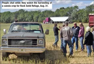  ??  ?? People chat while they watch the harvesting of a canola crop for Rock Solid Refuge, Aug. 31.