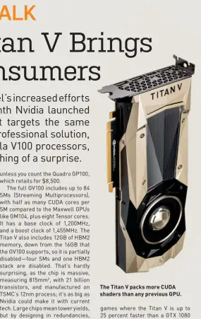  ??  ?? The Titan V packs more CUDA shaders than any previous GPU.