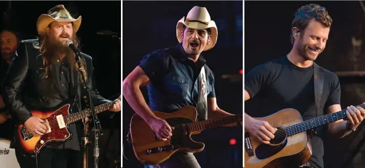  ??  ?? This combinatio­n photo shows country music stars, from left, Chris Stapleton, Brad Paisley and Dierks Bentley performing in concert. The multibilli­on-dollar concert industry halted after the outbreak of novel coronaviru­s in the United States. Now thousands of small businesses and contract workers who live gig to gig are facing an uncertain future. Photo: AP