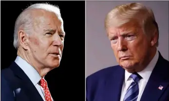  ?? AP Photo, File ?? In this combinatio­n of file photos, former Vice President Joe Biden speaks in Wilmington, Del., on March 12 (left) and President Donald Trump speaks at the White House in Washington on April 5.