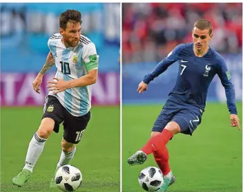  ?? FOTO: RETAMAL/MALTSEVA/AFP ?? Argentinie­ns Superstar Lionel Messi (links) kam in der Vorrunde schwer in Schwung, traf aber im entscheide­nden Spiel gegen Nigeria. Auch Antoine Griezmann hat für Frankreich erst einmal getroffen.