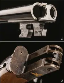  ??  ?? 1 - Ce fusil dispose d’un large extracteur pratique à manipuler. 2 - Pas de troisième verrou sur ce fusil mais les canons pivotent sur une vraie broche. 1 1 2
