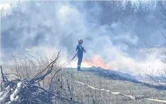  ?? IAN FAIRCLOUGH • SALTWIRE NETWORK ?? A Port Williams firefighte­r waits for water to arrive at his nozzle while fighting a grass fire that started as an illegal fire.