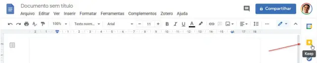  ??  ?? No canto direito, escolha a opção “Google Keep”: