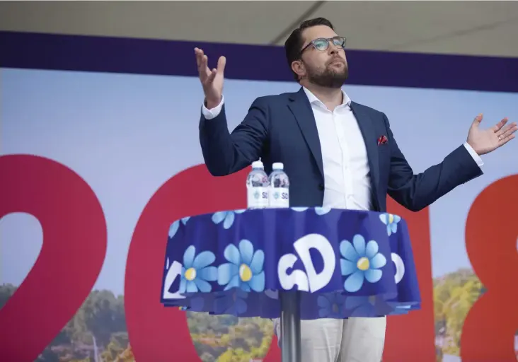  ?? FOTO: STIG HAMMARSTED­T ?? Jimmie Åkesson töntförkla­rade nazisterna, men skyllde bristen på välfärdspe­ngar på asylinvand­ringen. Oddsen att han sitter i nästa svenska regering är 1:8 i vadslagnin­gen.