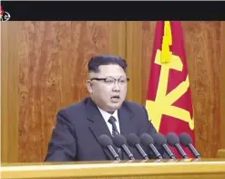  ??  ?? PYONGYANG: In this undated image from video distribute­d yesterday, by North Korean broadcaste­r KRT, North Korean leader Kim Jong Un delivers a speech in Pyongyang. —AP