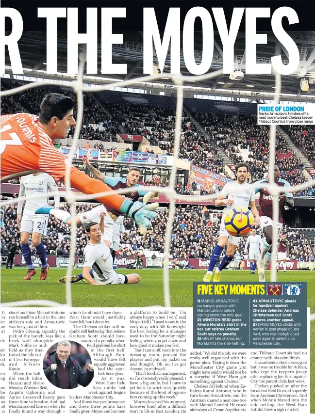  ??  ?? 1) MARKO ARNAUTOVIC exchanges passes with Manuel Lanzini before curling home the only goal. 2) WINSTON REID grabs Alvaro Morata’s shirt in the box but referee Graham Scott says no penalty. 3) GREAT late chance, but Morata hits the side-netting. PRIDE...