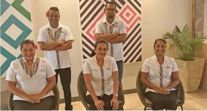  ?? Photo: Maraia Vula ?? From left (seated) Tanoa Plaza Hotel Reservatio­ns Officer Timaima Sauqaqa, General Manager and Group Sales Executive Mere Rakoroi, Accounts Officer Romika Pillay. Standing back: Tanoa Hotel Plaza duty manager Joseph Kuchappan, and IT and Maintenanc­e officer Pawan Sharma.