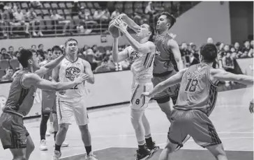  ?? ?? NLEX Road Warriors’ Robert Bolick Bossing’s Rey Suerte.
Jr. had his shot blocked by the defense of Blackwater