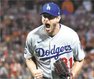  ?? Wally Skalij Los Angeles Times ?? MAX SCHERZER was dominant for the Dodgers and sealed their division series win over the Giants, but he proved to be just a pricey rental. He’s joining the Mets for $43 million per year.