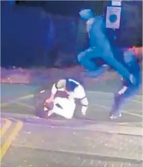  ??  ?? Euell’s shocking ‘kung fu kick’ attack aimed at the head of PC McGinty